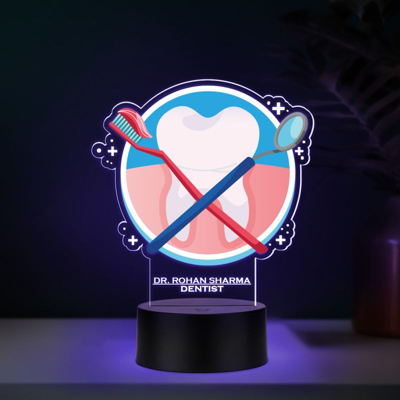 Personalized Dentist LED Night Lamp with Tooth and Dental Tools Design, Color Changing Acrylic Light with Black Base Gift for Dentist Nightlight for Dental Clinic